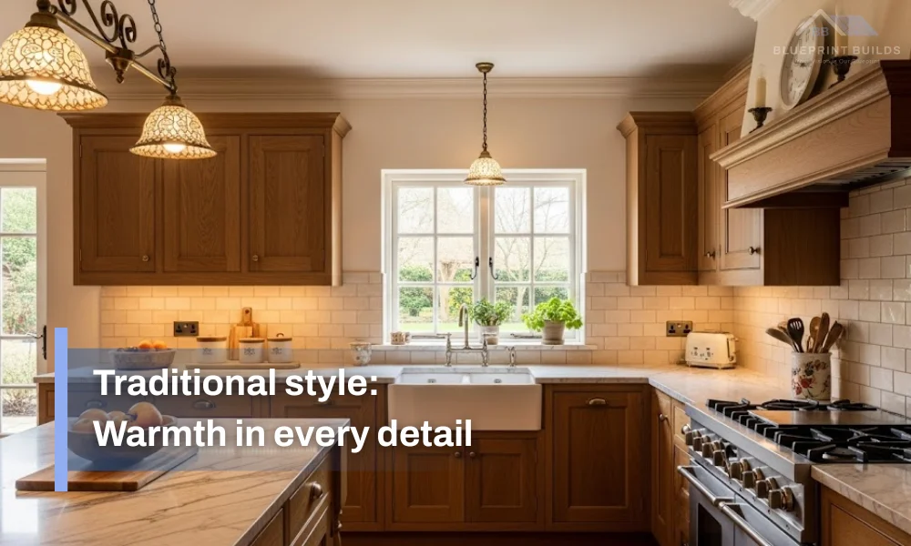 Traditional wood kitchen with farmhouse sink and warm pendant lights.