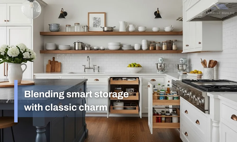 Classic kitchen with smart storage drawers and open shelving for decor.